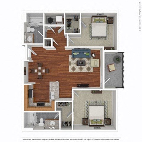 Floor plan for 2 beds, 2 baths, 1053 sqft